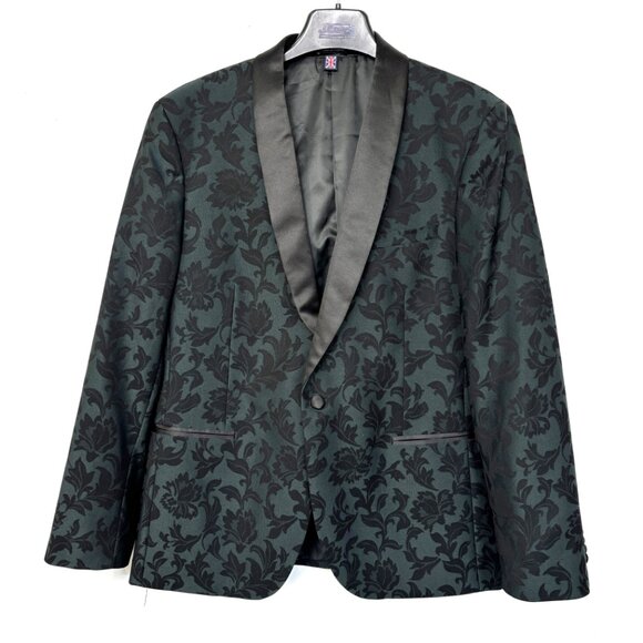 Saville Row Black Floral Satin Shawl Lapel Slim Cut  Evening Formal Jacket - Picture 1 of 13